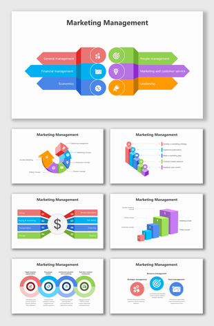 The marketing management slide has shapes, icons, and text showcasing general, financial, and people management concepts.