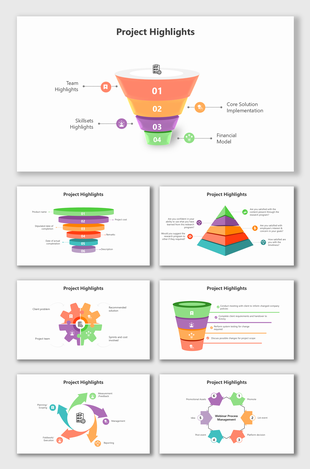 Project Highlights slide with funnel, pyramid, and gears showcasing team efforts, solutions, progress, and financial details.