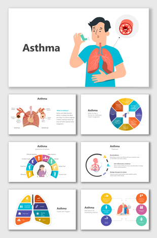 Asthma slides with lung illustrations, colorful shapes, risk factors, symptoms, and treatment options for medical awareness.
