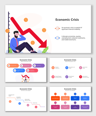 Economic crisis slide highlights types, causes, and effects with modern graphics, a red arrow, and clean, colorful layouts.
