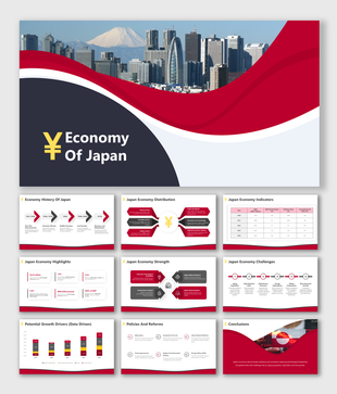 Economy of Japan slides showing economy history, reforms, and data visuals with red accents and wave-shaped text holders.