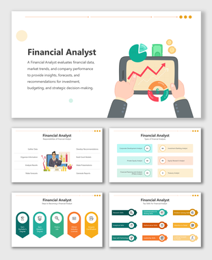 Financial Analyst overview, highlighting roles, responsibilities, skills, and types in colorful, structured slides.