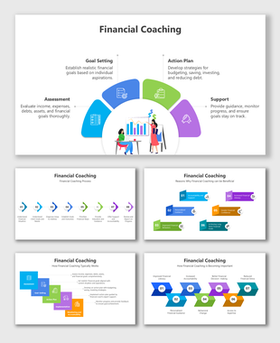 Financial Coaching process with goal setting, assessments, action plans, and support in colorful flow design.