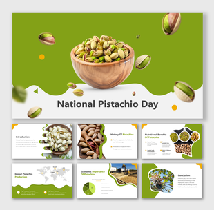 National Pistachio Day slides highlighting pistachio history, benefits, and global production with vibrant green visuals.