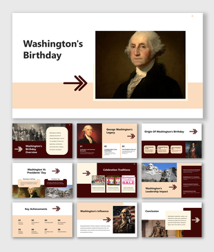Washington's Birthday slides covers George Washington's legacy, achievements, celebrations, and influence on U.S. history.