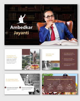 Ambedkar Jayanti slide featuring Dr. B.R. Ambedkar’s legacy, his role in the Constitution, and nationwide celebrations.