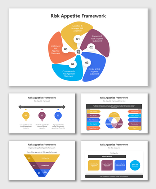 Risk Appetite Framework showing risk stages, appetite types, and management steps with vibrant color-coded segments.