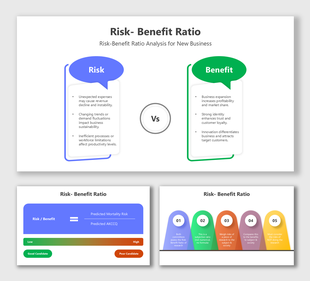 Risk Benefit Ratio slides comparing risks and benefits for new business with colorful text boxes for clear visualization.