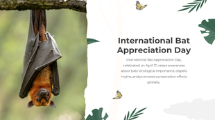 International Bat Appreciation Day with a bat hanging upside down, celebrating its ecological importance and conservation.