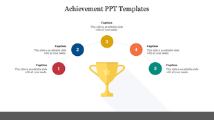 A PowerPoint template showcasing a trophy with five sections for achievements and goals with captions.
