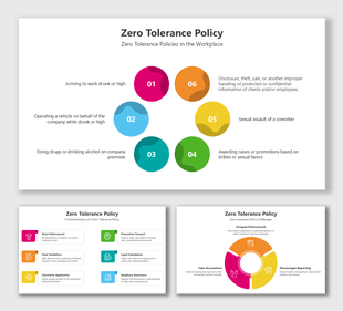 Zero Tolerance Policy in the workplace with colored icons for offenses like drug use, theft, assault, and misconduct.