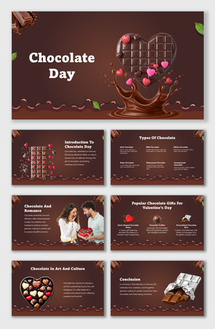 Chocolate Day slides with heart chocolates, melting chocolate, Valentine’s gifts, cultural impact, and a rich brown theme.