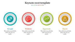 Circular SWOT template with icons for strength, weakness, opportunity, and threats in vibrant colors.