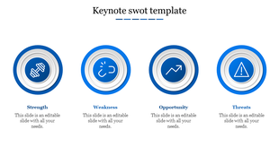 Infographic with four blue and white circles, each containing an icon and labeled for each SWOT category.