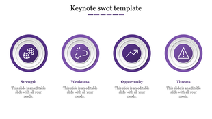 Keynote SWOT PPT template with purple circular icons each with a corresponding icon and placeholder text on a white theme.