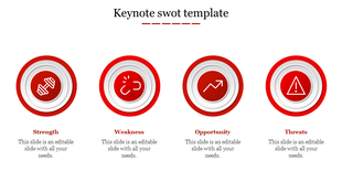 Business SWOT analysis slide with red circular icons for Strength, Weakness, Opportunity, and Threats, arranged in a row.