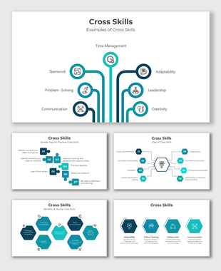 Cross Skills slide with icons, flowcharts, hexagonal elements, and text highlighting teamwork, adaptability, and leadership.