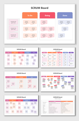 SCRUM Board with To Do, Doing, and Done columns, color-coded tasks, and an agile workflow for efficient project tracking.