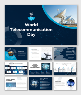 World telecommunication day slides with satellite dishes, network icons, blue theme, tech timeline, and global connectivity.