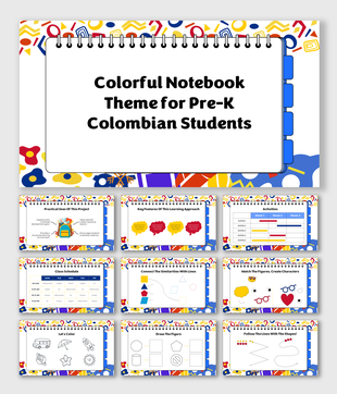 Colorful Notebook Theme For Pre-K Colombian Students with bright patterns, spiral notebook design, and fun learning tasks.