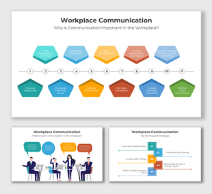 Workplace communication slide with hexagons, timeline, and office illustrations highlighting key strategies and benefits.