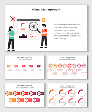 Visual Management slides with icons, charts, and workflows showing how visual tools improve communication and efficiency.