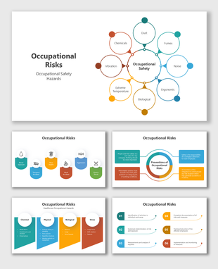 Financial risk slides with types, management methods, and comparison charts in a structured, colorful infographic design.