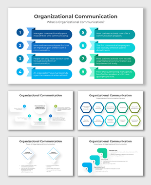 Organizational communication slides with stats, types, and benefits using blue-green shapes and infographic elements.