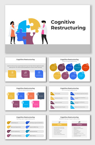 Cognitive Restructuring slides with diagrams, steps, and benefits using colorful speech bubbles, and structured layouts.