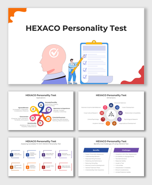 HEXACO Personality Test slides showing traits, applications, benefits, challenges, and assessment process with bold colors.