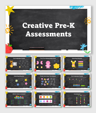 Creative Pre-K assessments with chalkboard theme featuring puzzles, rhymes, colors, numbers, and interactive learning games.