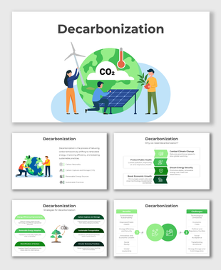 Decarbonization slides with eco-illustrations, green icons, and strategies to cut CO2 using clean energy and smart solutions.