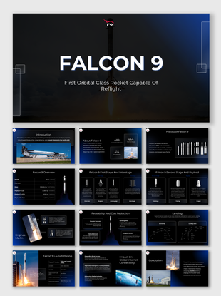 Falcon 9 presentation with dark theme showing rocket specs, stages, reusability, missions, pricing, and global impact.