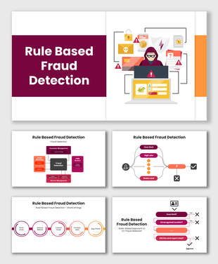 Rule based fraud detection slides with hacker icon, flowcharts, fraud checks, purple-orange theme, and editable text boxes.