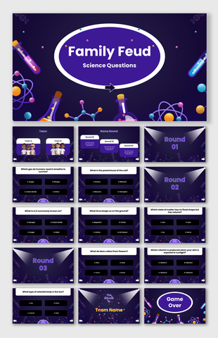 Family Feud science questions slides with purple theme, lab flasks, molecules, quiz rounds, teams, and game over slide.