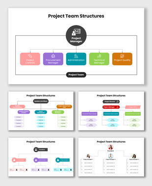 Project Team Structures with colorful hierarchy charts, team roles, managers, and editable layout designs.