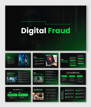 Digital Fraud presentation with green-black theme showing scam types, awareness tips, and safety prevention steps.