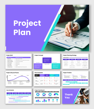 Project plan slides with timelines, charts, dashboards, tables, and clean layouts for clear planning and execution.