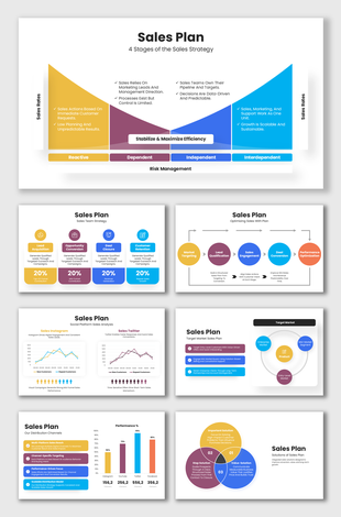 Sales plan slides with circular blue headers, charts, funnels, icons, and clean layouts for sales strategy planning.