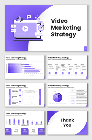 Video marketing strategy slides with purple theme, video player graphics, icons, charts, and clean layouts.