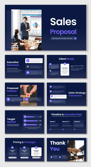 Sales proposal presentation with dark blue theme, business meeting visuals, charts, timelines, and pricing sections.