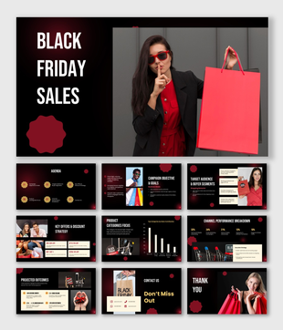 Black friday sales presentation with bold black-red theme, shopper visuals, discount plans, and sales performance charts.