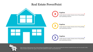 Illustration of a blue house paired with caption sections featuring arrows in different colors, showing real estate concepts.