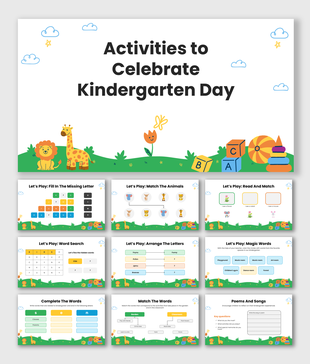 Activities to celebrate kindergarten day presentation with cartoon animals, ABC blocks, bright colors, and fun games.