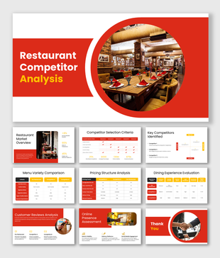 Restaurant competitor analysis presentation with dining visuals, red theme, data tables, and comparison slides.