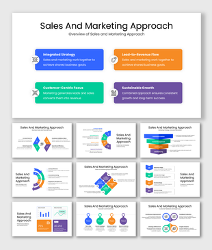Sales and marketing approach presentation with colorful strategy blocks, icons, clean layout, and growth flow charts.
