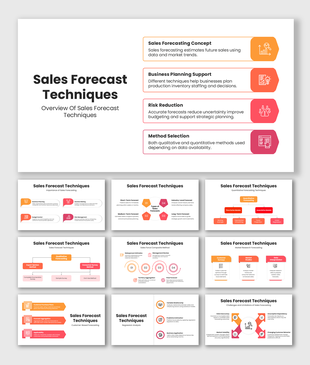 Sales forecast techniques presentation with orange info boxes, charts, method icons, and structured data slides.