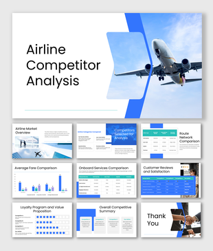 Airline competitor analysis presentation with airplane visuals, blue theme, fare charts, and route comparison slides.