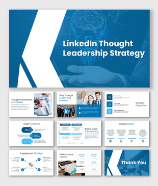 LinkedIn thought leadership strategy presentation with blue theme, audience charts, content pillars, and metrics slides.