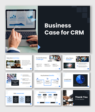 Business case for CRM presentation with blue theme, charts, benefits grid, timeline, and investment breakdown slides.
